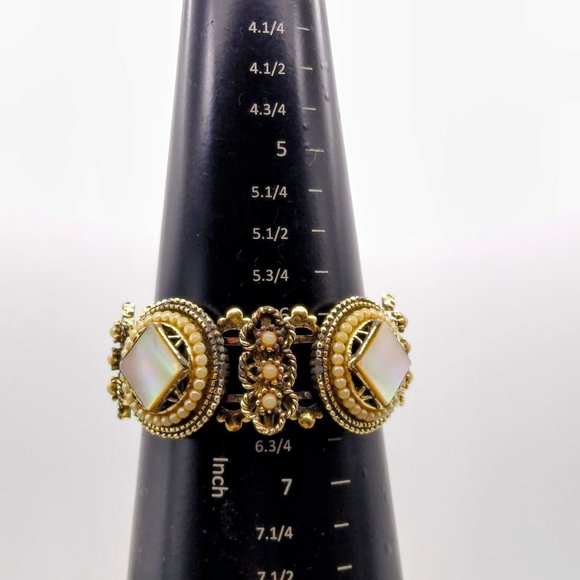 Mother of Pearl Medallion Link Bracelet, MCM Statement Bangle with Faux Seed Pea - Picture 8 of 8